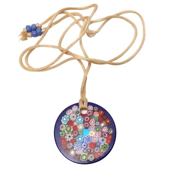 Vintage Murano Style Millefiori Glass Pendant Necklace Mosaic Floral Blue Italy - Picture 2 of 9